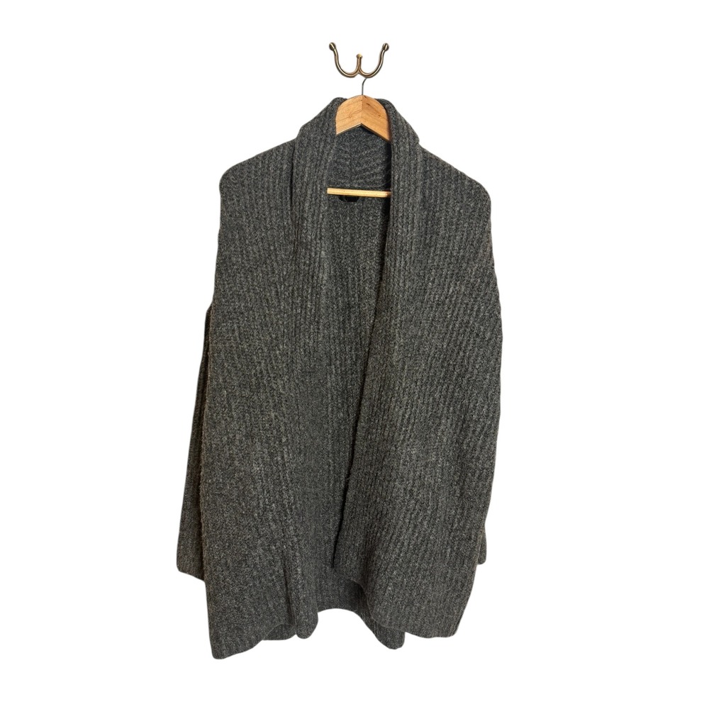 J Crew Womens Charcoal Grey Shawl Collar Wool Blend Ribbed Open Cardigan Pockets